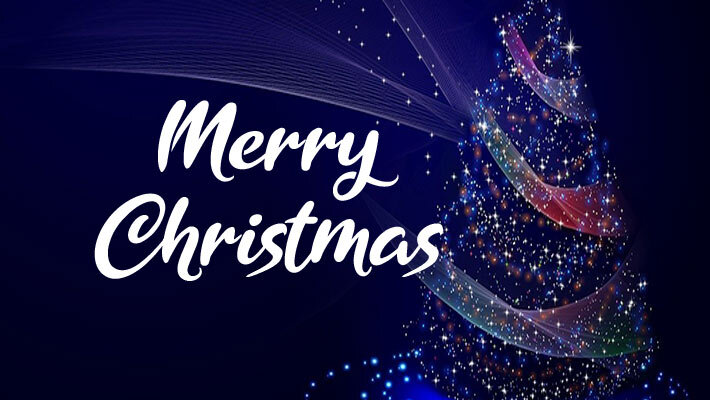 Digital dots and swirls shape a Christmas tree with the text Merry Christmas.